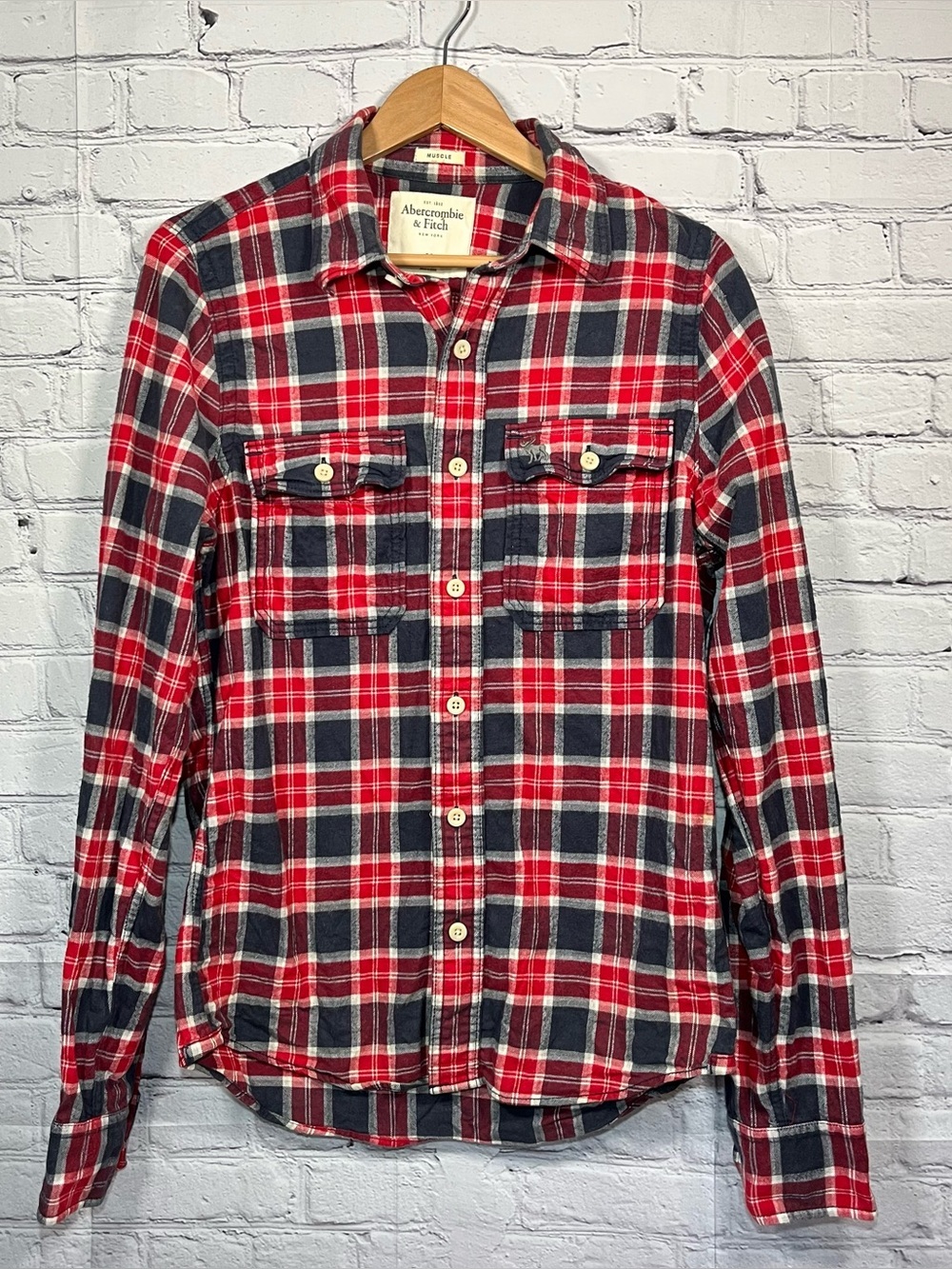 Abercrombie & Fitch Muscle Plaid Flannel Shirt Mens Medium Blue Red Vintage Y2K